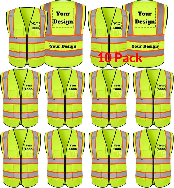 Safety Vest Customize Logo with 5 Pockets & Zipper Reflective High Visibility Vest Class 2 Outdoor Workwear