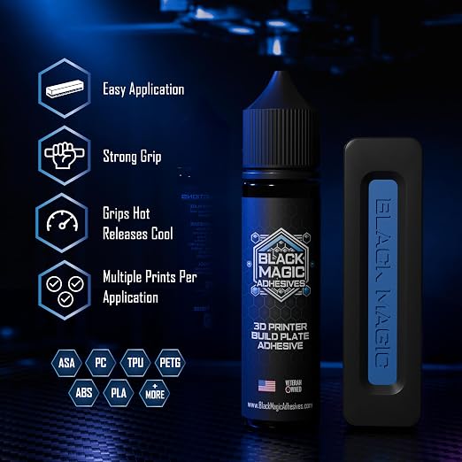 Black Magic 3D Printer Build Plate Adhesive Kit with Precision Foam Applicator - Bed Adhesive for ABS ASA PETG PLA TPU PC - Easy Application Clean Release - 60ml adhesives 3D Printing