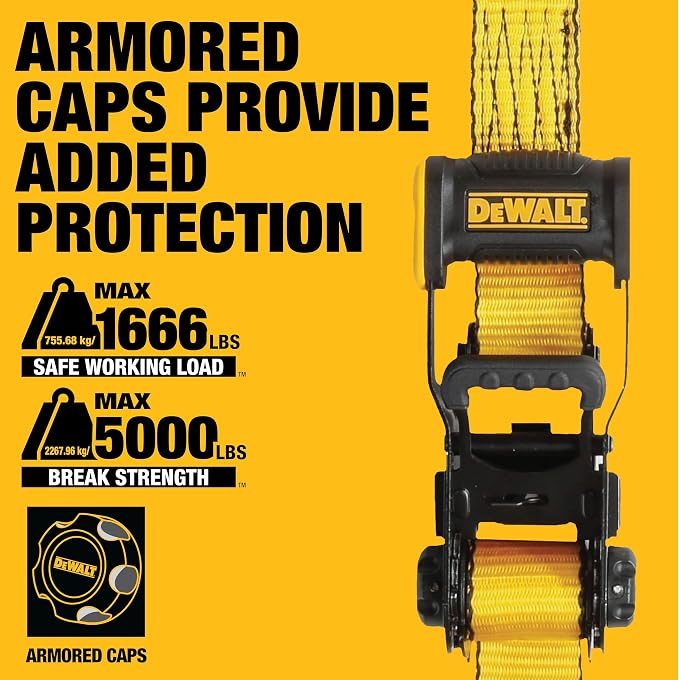 DEWALT DXBC50002 Black/Yellow 1.5" x 16' Ratchet Tie Down Straps - Heavy-Duty Cargo Hauling (5000 lb Break Strength), 2 Pack