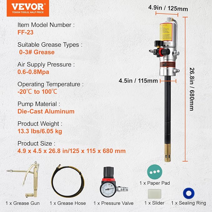 VEVOR Grease Pump, Air Grease Pump with 13 ft High Pressure Hose and Grease Gun, Pneumatic Grease Pump, Portable Lubrication Grease Pump with 360° Swivel Grease Gun Head