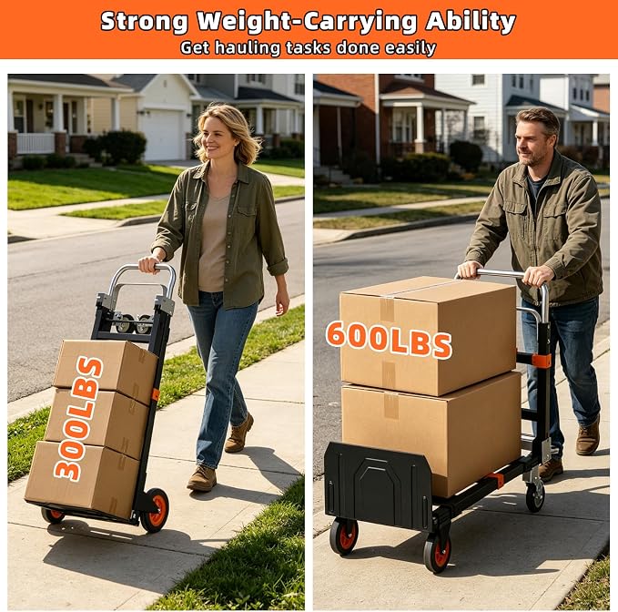 3 in 1 Hand Truck, 600Lbs Capacity, Heavy Duty Collapsible Cart with Retractable Handle, Dolly Cart with 2 Universal Wheel with Brake for Moving Home, Office, School, Shopping, Warehouse, Orange