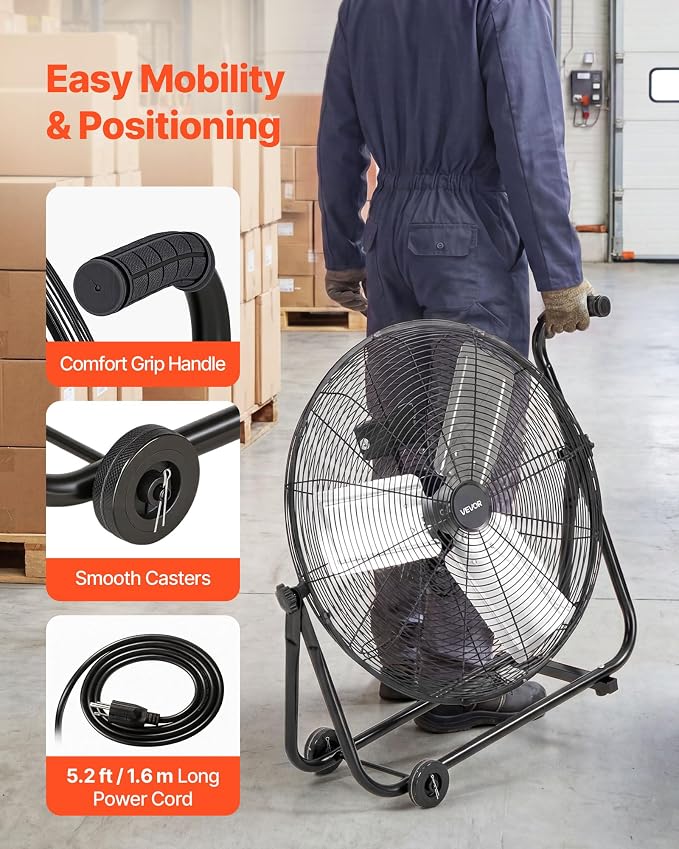 VEVOR Industrial Shop Fan, 24 Inch Floor Drum Fan, High Velocity 7500 CFM, Heavy Duty Aluminum Blades, 3 Speeds, 360 Degree Tilt, Ideal for Commercial, Garage, Warehouse, Basement, Workshop, Black