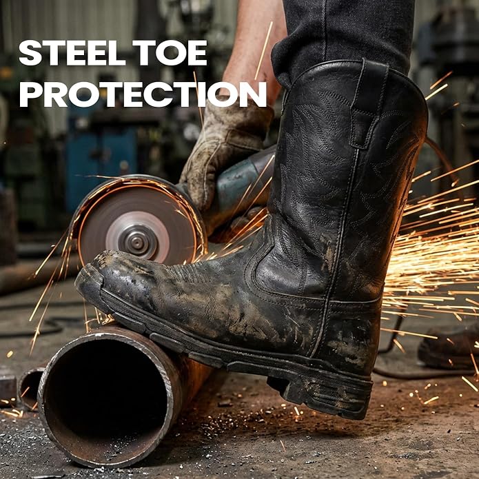 ANGRYRAM Cowboy Work Boots for Men Square Toe Leather Western Boot Slip Resistant Indestructable Steel Toe Safety Boots for Men Work-Man Pro Series