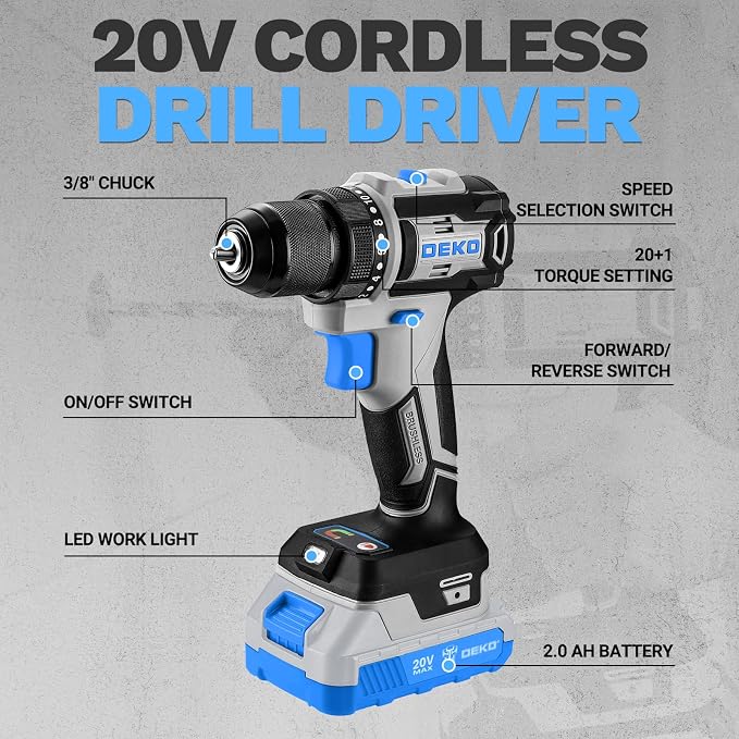 Cordless Drill & Impact Driver: DEKOPRO 20V Brushless Power Drill and 20V Brushless Impact Driver Set, Power Tool Set with 2 x 2.0Ah Batteries, Charger, Bag& 52 x Accessories-Blue