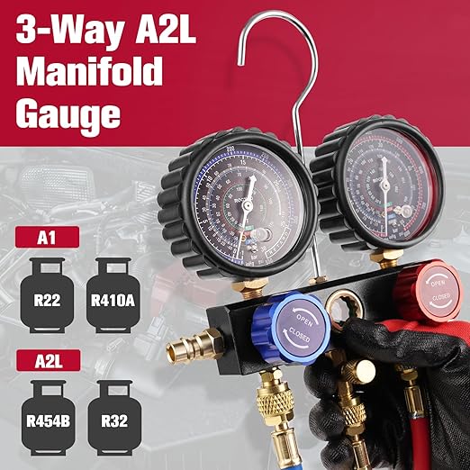 3-Way R454B AC Gauge Set, HVAC A2L Manifold Gauges for R454B/R32/R410A/R22 Refrigerant with A2L/R410a Adapters, 5FT Hoses