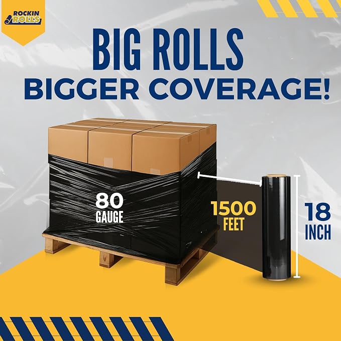 Stretch Film Wrap - Black, 18"x1500 ft, 80 Gauge – 4 Rolls Heavy Duty Pallet Wrap Stretch Wrap Roll for Packing, Moving & Shipping – Industrial Strength Durable Self Adhering Shrink Wrap Roll