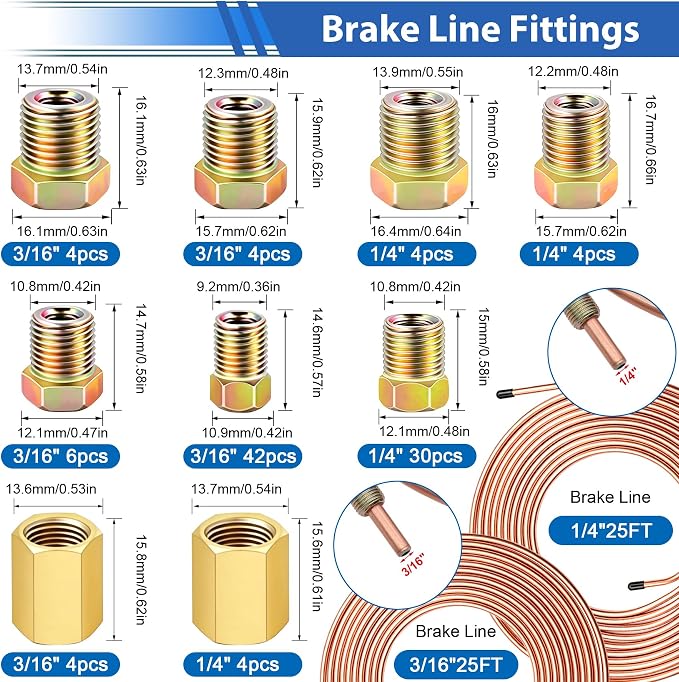 smseace 112Pack 3/16 Inch+1/4 Inch Brake Line Flaring Tool Kit Include 25 FT Copper-Plated Brake Line Kit with 94pcs Fittings,8pcs Union,Tubing Bender,Double & Single Flare Tool,Cutter