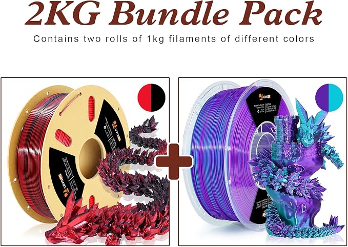 LOVOON Silk PLA Filament 1.75mm, 2KG Bundle 3D Printer Filament, 3D Printing Filament Shiny Change by Angle, Dual Color Black/Red and Blue/Purple, 1KG X 2 Spools