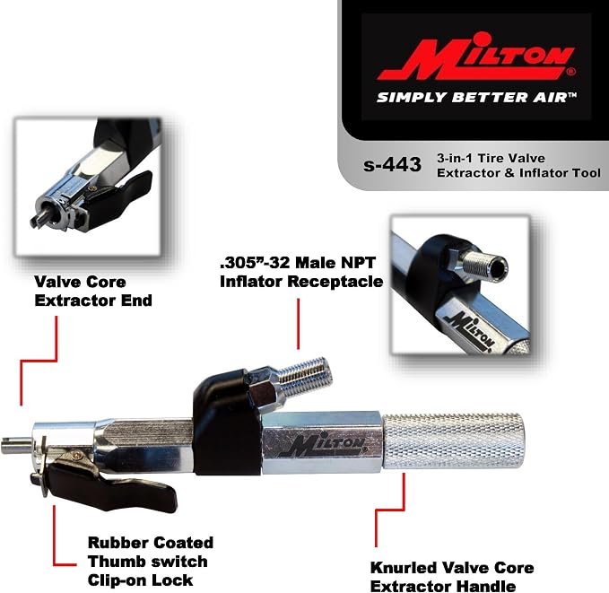 Milton (S-443) 3-in-1 Tire Valve Extractor and Inflator Tool - Remove, Inflate, Install.