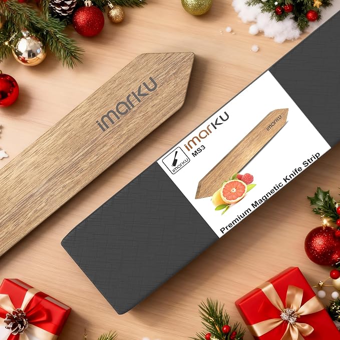 imarku 16 Inch Magnetic Knife Strip, Acacia Wood Knife Holder for Wall, Heavy Duty Magnet for Quick Access & Secure Grip, Space Saving Kitchen Utensil Rack with 4 Hooks