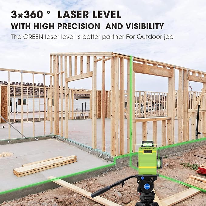 Laser Level Self Leveling 3x360° 3D Green Cross Line for Construction and Picture Hanging, Rechargeable battery, Remote Controller, Magnetic Rotating Stand Included