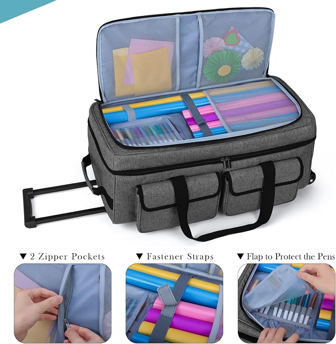 YARWO Rolling Craft Bag with Wheels Compatible for Cricut Explore 5/4/3, Maker 4/3, Cameo 5/4, Double Layers Die-cutting Machine Case with Multi Pockets for Craft Pen Sets, Cutting Mats&Supplies, Gray