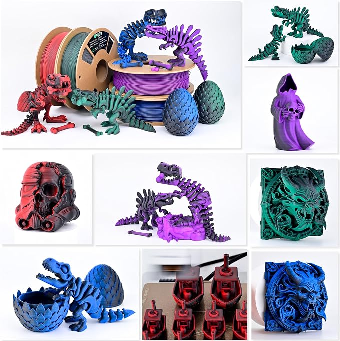 OVV3D Matte PLA 3D Printer Filament Bundle 250g x 4 Spools, Dual Color Filament 1.75mm Pack, Multi Color Change 3D Printing Filament, High Quality Matte Surface, Black - Red, Blue, Green, Purple