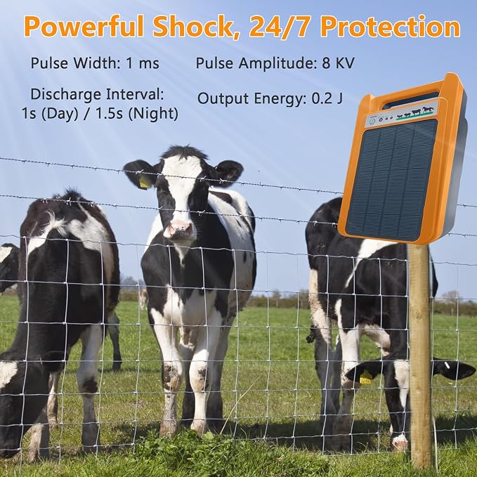 Solar Electric Fence Charger, 0.2J 8kV Solar Powered Fence Charger with Day/Night Mode, 24-Hour Uninterrupted Protection for Livestock, Poultry & Garden