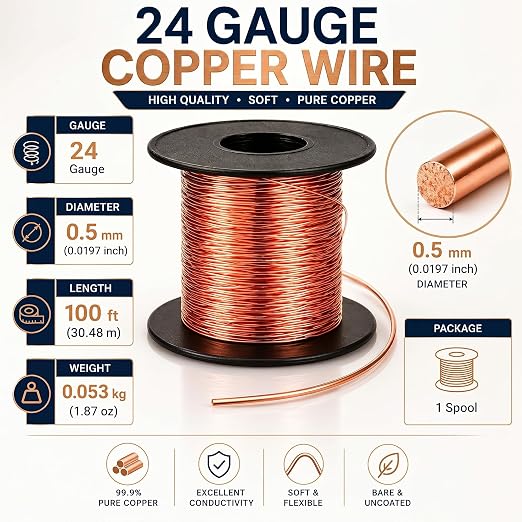 Therwen 100ft 24 Gauge Copper Wire for Gardening, Electroculture, Bonsai, Jewelry Making Beading DIY Craft Pure Bare Copper Wire Spool