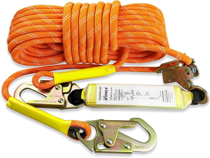 Fall Protection Safety Rope 100 FT Heavy Duty Vertical Roofing Rope with Alloy Steel Grab Snap Hooks Shock Absorber Fall Protection Tree Climbing Line Kit Tree Stand Safety Line Kit