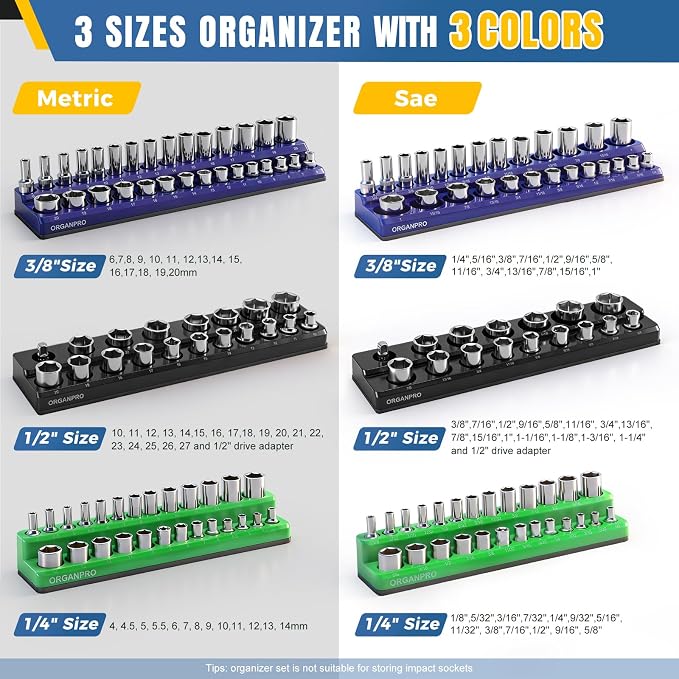 9PCS Magnetic Socket Organizer & Magnetic Wrench Organizer Set | 3 Color Socket Holder for 1/4” 3/8” 1/2” Metric SAE, Socket&Wrench Holder for Tool Box Drawer, Socket Wrench not Included