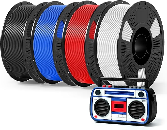 PETG Filament Bundle Multicolor 4kg, Low Stringing High Toughness 3D Printer Filament 1.75mm, Clog-Free Rapid Print PETG Fit Most FDM 3D Printers, 1KG*4 Pack, Black+Jade White+Red+Cobalt Blue