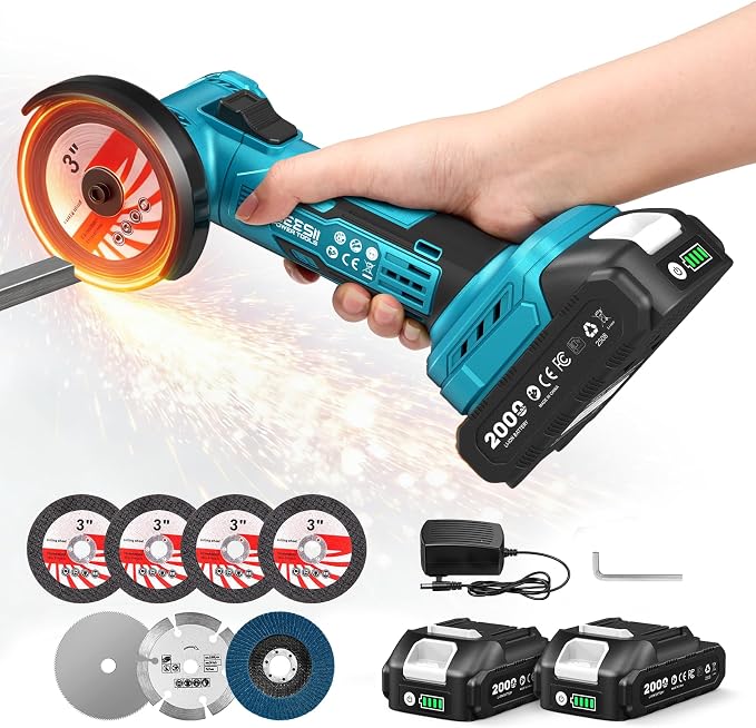 SEESII Cordless Mini Angle Grinder: 3-Inch Brushless Angle Grinder 19000 RPM with 2pcs 21V 2.0Ah Batteries, 7pcs Cutting Discs, 210W Power Electric Grinder Tool for Metal Wood Polishing Rust Removal