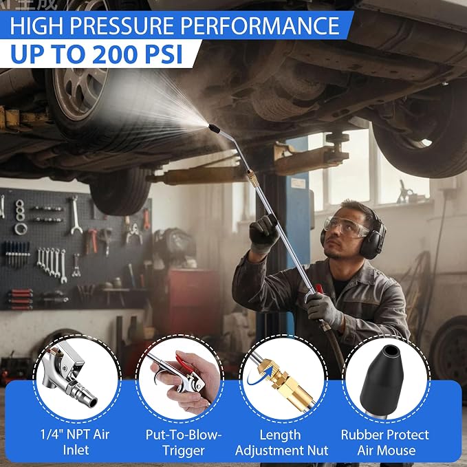 Long Reach Pneumatic Air Blow Gun, Extension Air Nozzle Blower Wand Fit 1/4" NPT Inlet & Lever Grip, Heavy Duty Industrial Blow Gun Pneumatic Tool for Radiator Compressor(17–27.5 Inch)