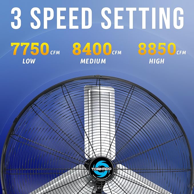 Tornado Pro Series High Velocity Wall Mount Fan 30 Inch, Oscillating Fan For Commercial, Industrial Use 3 Speed 8850 CFM 6.6 FT Cord UL Safety Listed, Black