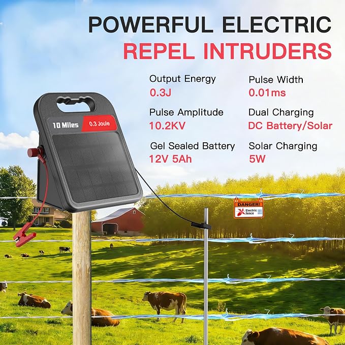Solar Electric Fence Charger-0.3J-10 Miles, Maximum Output Voltage 10200V- Provide 24-Hour Uninterrupted Protection for Livestock and Yards with Rechargeable Solar Panel Black