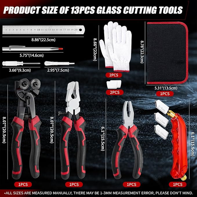 YOTINO Glass Cutters Tools 13PCS Glass Nippers Glass Running Pliers Breaking Pliers Oil Feed Glass Cutter Set for Stained Glass, Tiles, Mosaic Cutting with Cut Resistant Gloves Leather Zipper Bag