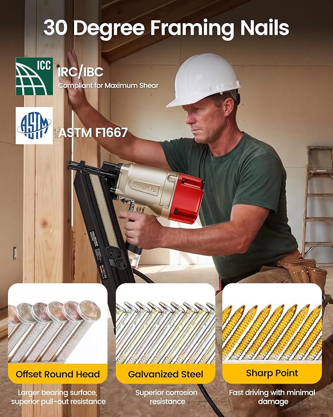 meite 30 Degree Framing Nails 3 Inch x .120 Inch Ring Shank Paper Collated Nails for 30-34 Degree Framing Nailer, Electro-Galvanized Offset Round Head Framing Nails for Sheathing Decking 2,000PCS | Offset Round Head Paper-collated Framing Nails, for 30...