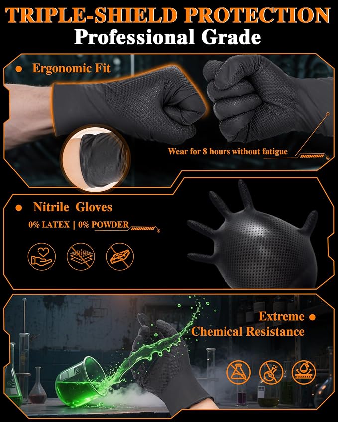 wcy 9mil Heavy Duty Disposable Nitrile Gloves, Black Large 800Pcs -Chemical Resistant, Latex & Powder Free Rubber Gloves Diamond Texture for Automotive, Mechanics, Cooking,BBQ, Industrial Use