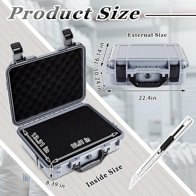 Relaxweex 1 Pcs Waterproof Hard Case with DIY Customizable Foam Insert Portable Protective Case with Knife for Camera Drones Equipments Tools Test Instruments(Gray,22.4 x 16.1 x 10.2 Inch)