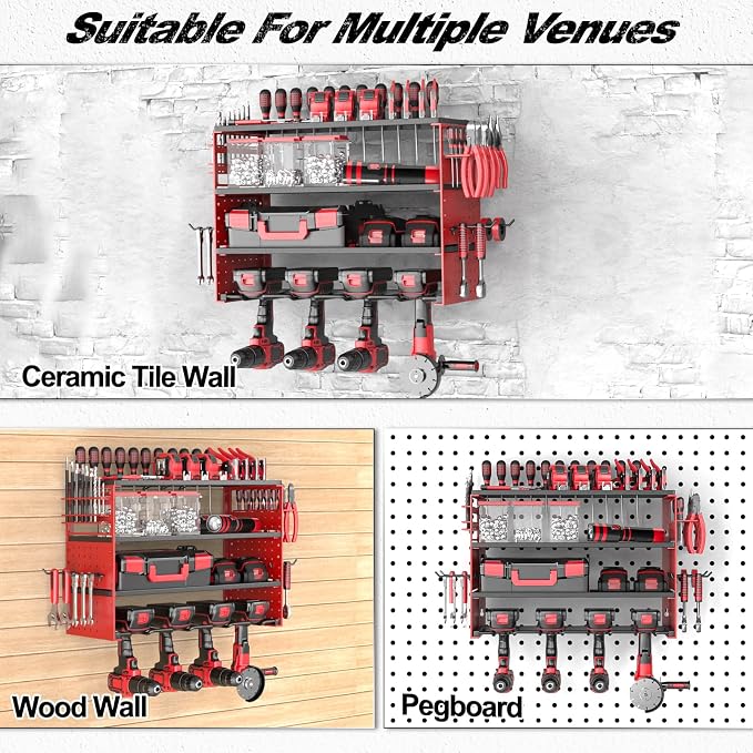 Power Tool Organizer Wall Mount, Cordless Drill Hanger Storage Rack 8 Drill Holder, 4 Layer Heavy Metal Large Capacity Tool Rack for Garage Organization (Red, 4 Drills Holder)