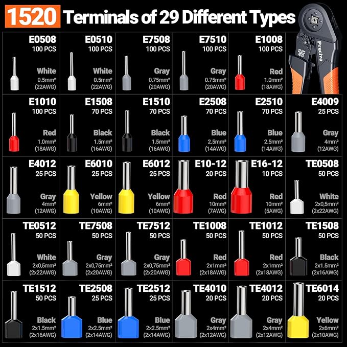 Preciva Ferrule Crimping Tool Kit - AWG 28-5 (0.08-16mm²) Ferrule Crimper with 1520Pcs Single & Twin Ferrules Connectors, Self-Adjustable Ratchet Ferrule Terminals Crimping Tool