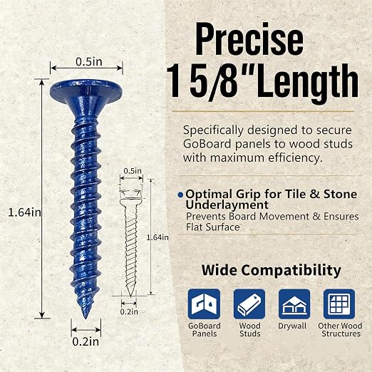 VCTGAM® Fasteners for Wood Studs 1-5/8 inch - Zinc-Plated Hi-Lo Thread 550-Pack Contractor Bulk Pack Compatible with GO Board Installation,Tile Backer Board Screws for Bathroom, Shower, Wall Projects