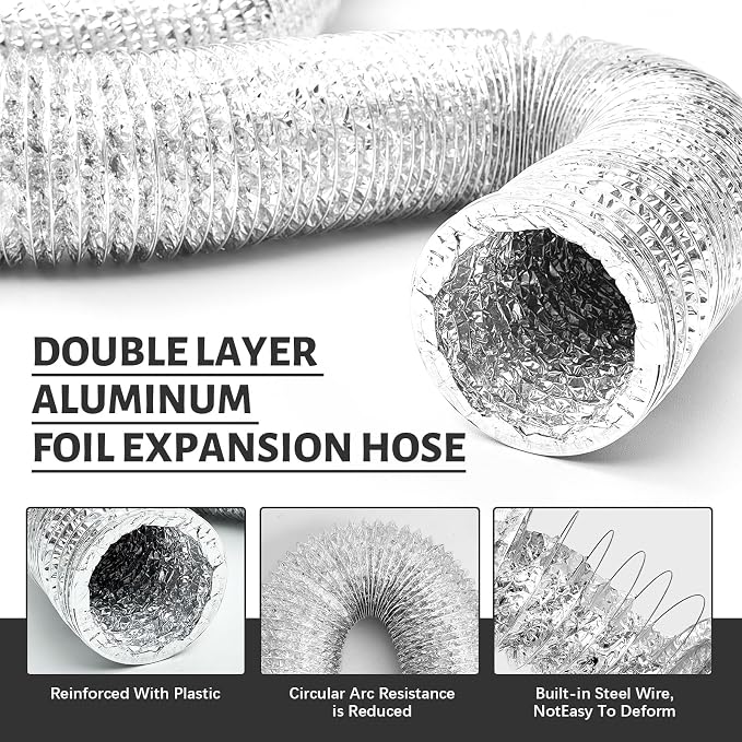 Zonon Dryer Vent Hose 4 Inch X 12 Feet Flexible Aluminum Foil Ducting Non Insulated with Stainless Steel Clamps and Aluminum Tape for Pipe, HVAC Heating Cooling Ventilation and Exhaust(Silver)