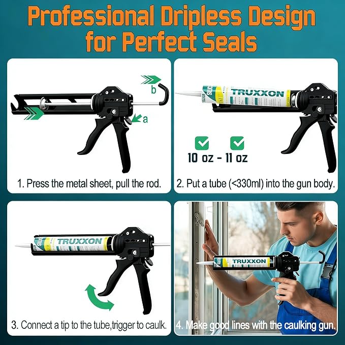 2026 One-Touch Drip-Free Caulk Gun | Effortless & Professional Design with Heavy-Duty Metal Body, 18:1 Thrust Ratio | For 9, 10, 11 oz Silicone Tubes Black