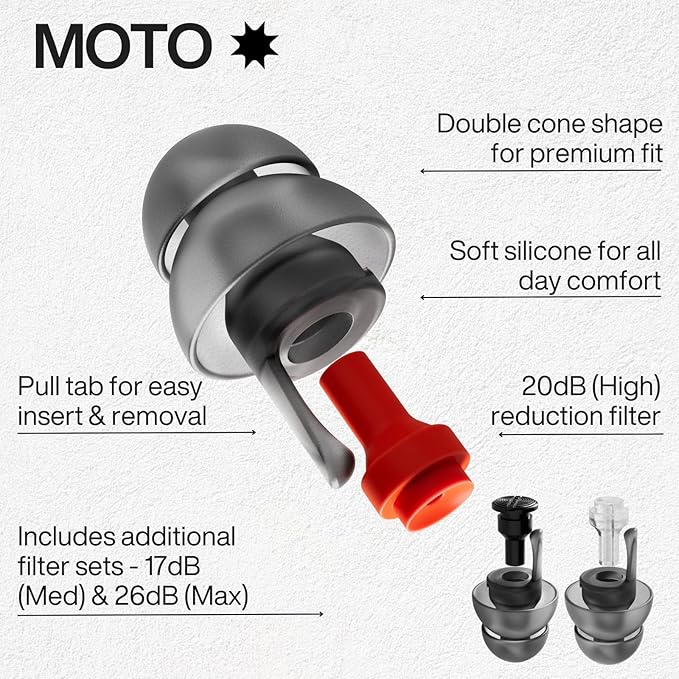 EARPEACE Moto - Reusable Motorcycle EarPlugs - Motorcycle Ear Plugs Wind Noise Protection - Comfortable Ear Plugs for Riding with High Fidelity Filter Noise Canceling Up to 26dB