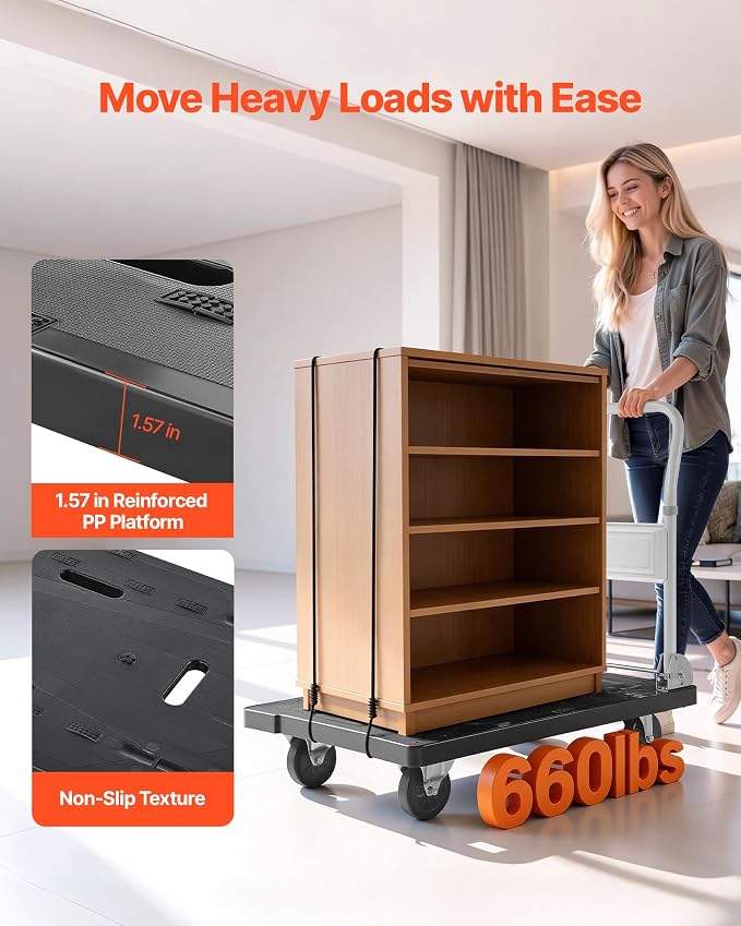 VEVOR Foldable Push Cart Dolly, 660 lbs Capacity, Folding Platform Truck with Swivel Wheels, Moving Platform Hand Truck Flatbed Cart, Space Saving Push Handle, for Easy Storage, 35.2 x 23.4 x 33.5 in