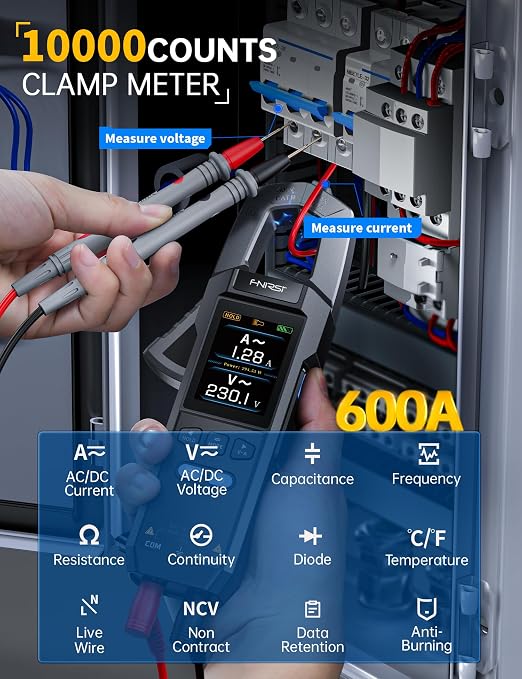 FNIRSI DMC-100 Clamp Meter 10000 Counts TRMS, 600A AC/DC Amp Meter with Curve Recording & 2" TFT Screen, Rechargeable Multimeter Measuring Voltage Current Resistance Capacitance NCV for HVAC Auto
