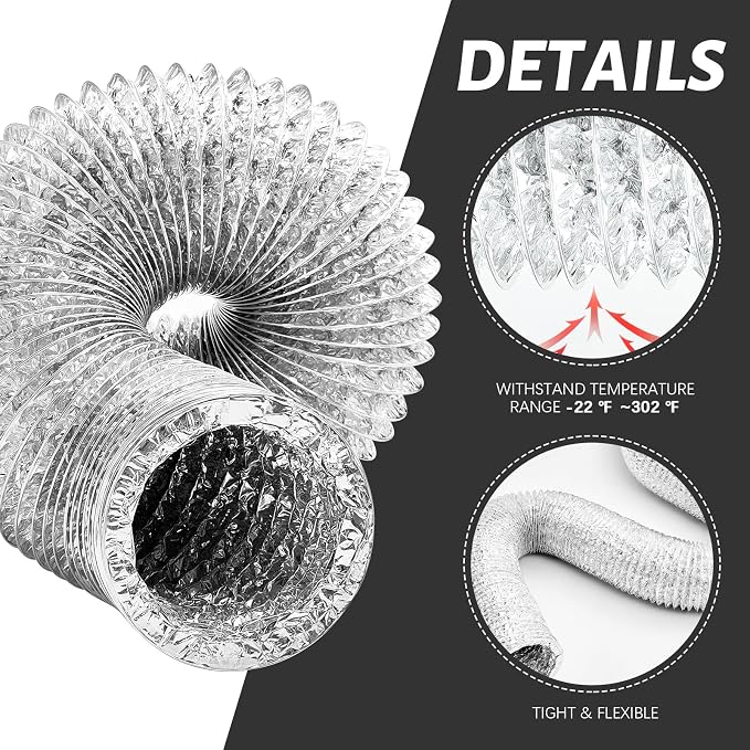 Zonon Dryer Vent Hose 3 Inch X 25 Feet Flexible Aluminum Foil Ducting Non Insulated with Stainless Steel Clamps and Aluminum Tape for Pipe, HVAC Heating Cooling Ventilation and Exhaust(Silver)