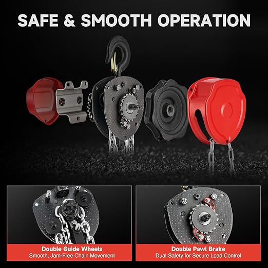 CREWORKS Hand Chain Hoist, 2 Ton 4400 lb Capacity 10 ft Manual Chain Hoist with G80 Load Chain & Double Guide Wheels, Heavy Duty Manual Lever Hoist for Construction Warehouse Automotive Factory