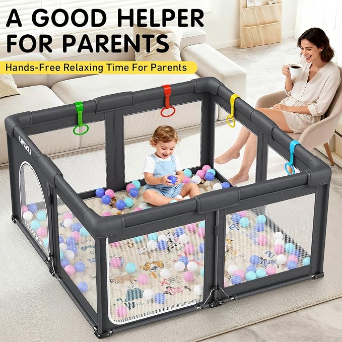 Baby Playpen with Mat, Foldable Playpen for Babies and Toddlers Large Playpens Play Yard Indoor Outdoor Activity Center Game Fence Safety Area Travel Play Pen for Babies 6-12 Months 50"X50" Dark Grey