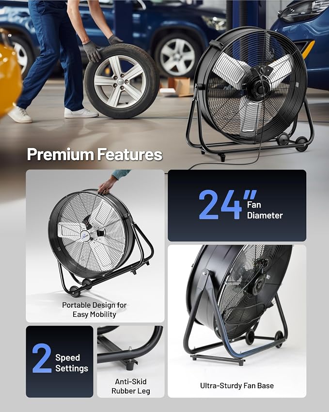 iLIVING 24" High Velocity Drum Fan Industrial, Commercial, Residential Air Circulator for Garage, Shop, Patio, Barn, Greenhouse, Speed Control 7700CFM, UL Listed,Black