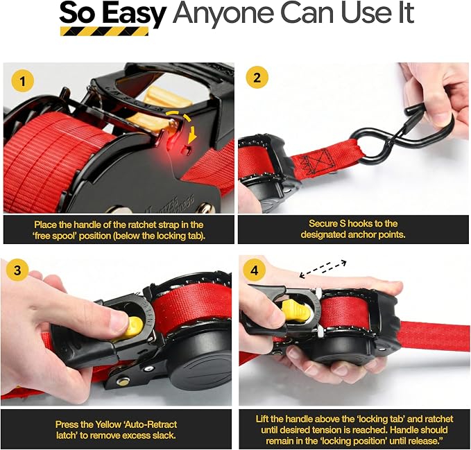 AUGO Retractable Ratchet Straps | 2 Heavy Duty Ratchet Straps Self Retractable Tie Downs with Soft Loops & Storage Bag for Motorcycle, Truck, Trailer, Cargo Van | 3000 Lb Break Strength 2” x 10’