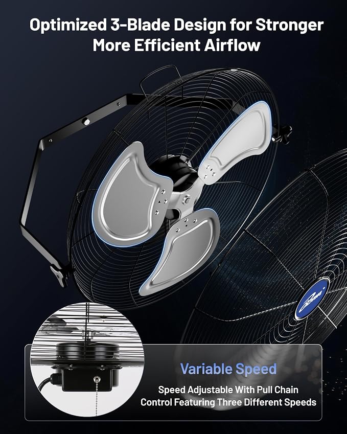 iLiving 20" Wall Mounted/Floor Stand Variable Speed Indoor/Outdoor Fan, Industrial grade for Patio, Greenhouse, Garage, Workshop, and Loading Dock, 4650 CFM, Black