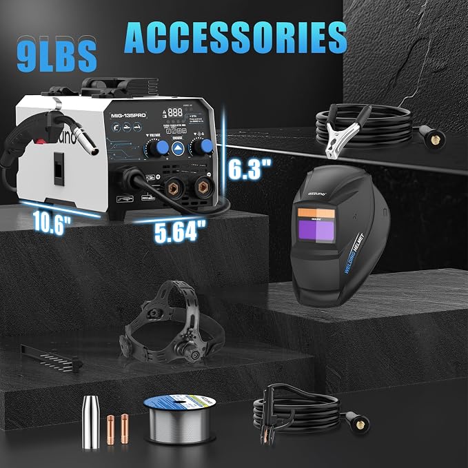 AZZUNO Flux MIG Welder 135A with Auto Darkening Welding Helmet, 110V 3 in 1 Welder Machine with Flux Core Gasless MIG/Lift TIG/Stick Welding Machine, Portable Wire Feed Welder