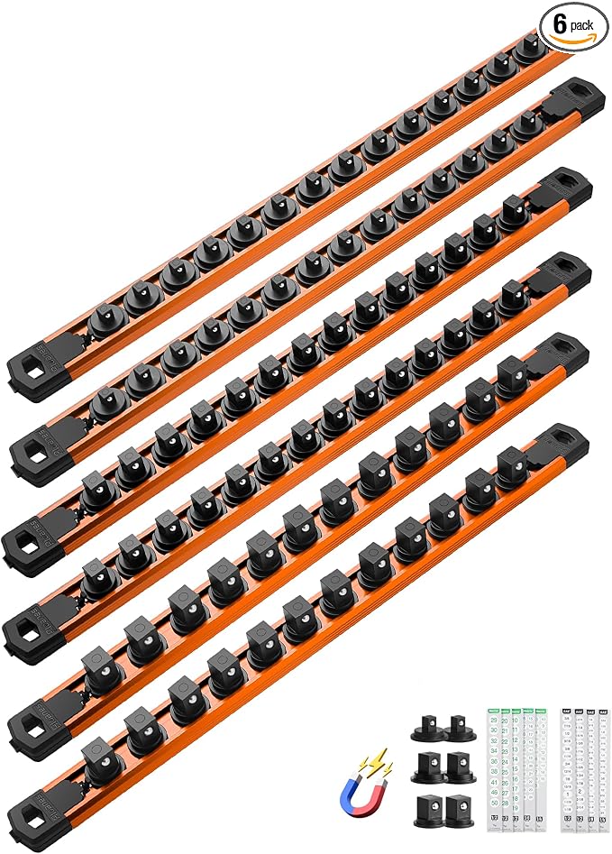 ALOANES Magnetic Socket Organizer Set, 6PC Heavy Duty Aluminum Socket Holder Organizer, 360° Swivel Clips Socket Holder Kit for Toolbox Drawer Fit 1/2, 3/8, 1/4-Inch x 80 Clips (Orange, 6PC)