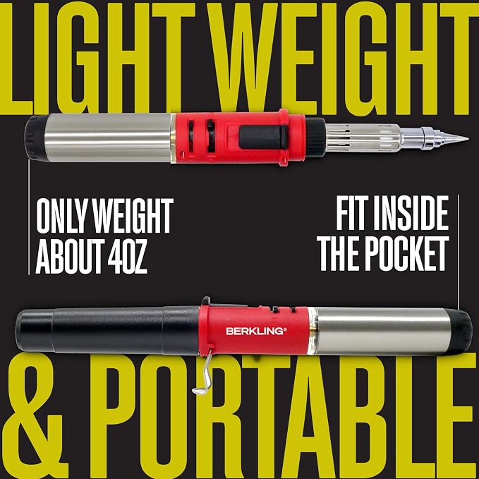 Berkling Premium Butane Soldering Iron Kit - Portable Cordless Welding Micro Solder Torch Heat Gun, 3 Pro Grade Tips, 15g Lead-Free Rosin Core Solder Wire, Mini Wrench, Sponge (BSG-668 Kit Red)