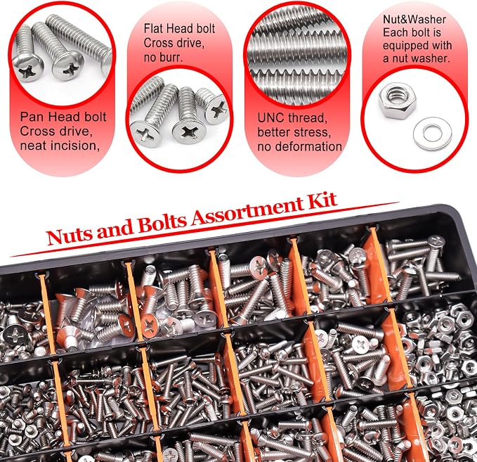 Twidec/1281PCS Nuts and Bolts Assortment Kit,Machine Screws,304 Stainless Steel Phillips Pan Head and Flat Head Screws #4-40#6-32#8-32#10-24#1/4-20 with Nuts, Bolts,Washers in the Storage Case