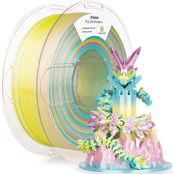 AMOLEN Silk PLA 3D Printer Filament, Shiny Multicolor Rainbow PLA Filament 1.75mm, Fast Gradient Color Change PLA 3D Printing Filament for Most FDM 3D Printer, Yellow Pink Blue, 1kg (2.2lbs)