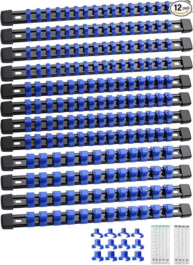 ALOANES 12PC Socket Organizer, Socket Rails Fit 1/2", 1/4" and 3/8" Drive | Heavy Duty ABS Socket Holders Hold up 172 Sockets for Mechanics Toolbox Drawer Bags(Blue)